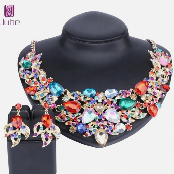 18K gold plated multi color rainbow crystal Necklace earrings set - Picture 6 of 14